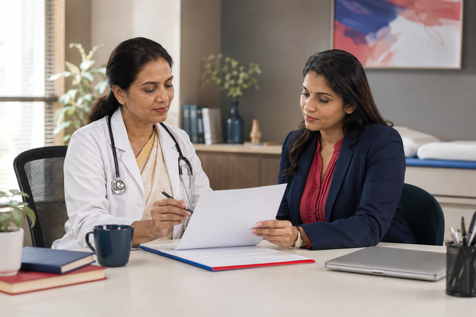 A doctor reviewing an indemnity policy with an advisor